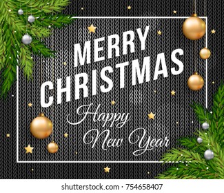 Merry Christmas poster banner with knitted black background, gold and silver Christmas balls and template text for your congratulation. Eps 10 vector illustration