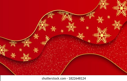 Merry christmas Poster or banner with snowflakes.Promotion or shopping template for Christmas in golden and red style.