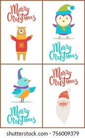 Merry Christmas, poster with bear in red sweater and birds wearing hats, Santa Claus with long white beard, images and headlines vector illustration