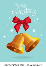 merry christmas poster with bells and bow ribbon vector illustration design