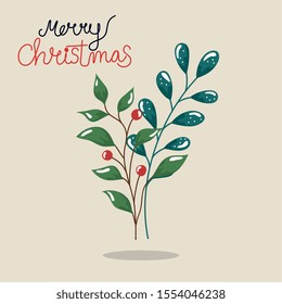 merry christmas poster with branches and leafs vector illustration design