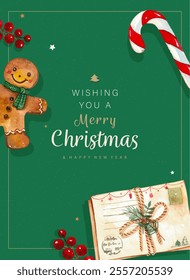 Merry Christmas poster or card cover with watercolor element design on green background 