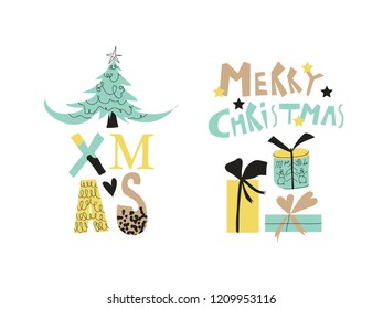 Merry Christmas poster / card. Vector illustrations and typography for design. 