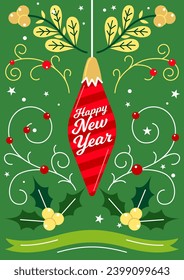Merry Christmas Poster. Celebration and congratulations on winter holiday. Greeting card with green pine branches, holly berries, Christmas decoration. Happy New Year. Cartoon flat vector illustration