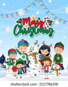 Merry Christmas poster with children and snowman illustration