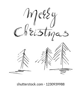 Merry Christmas poster concept. Vector greeting card for Christmas with grunge hand drawn christmas tree, lettering. Sketch. For banner, poster, flyer, brochure, wed, background