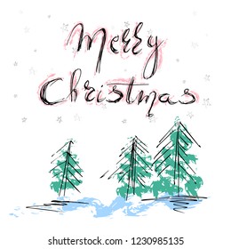 Merry Christmas poster concept. Vector greeting card for Christmas with grunge hand drawn christmas tree, lettering. Sketch. For banner, poster, flyer, brochure, wed, background