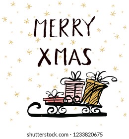 Merry Christmas poster concept. Vector greeting card for Christmas with grunge hand drawn sleigh with gift boxes, falling snowflakes and lettering. For banner, poster, flyer, brochure, wed, background