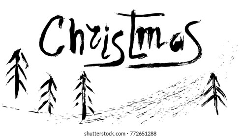 Merry christmas poster concept. Vector greeting card for Christmas with grunge hand drawn christmas tree, lettering. Sketch. For banner, poster, flyer, brochure, wed, background