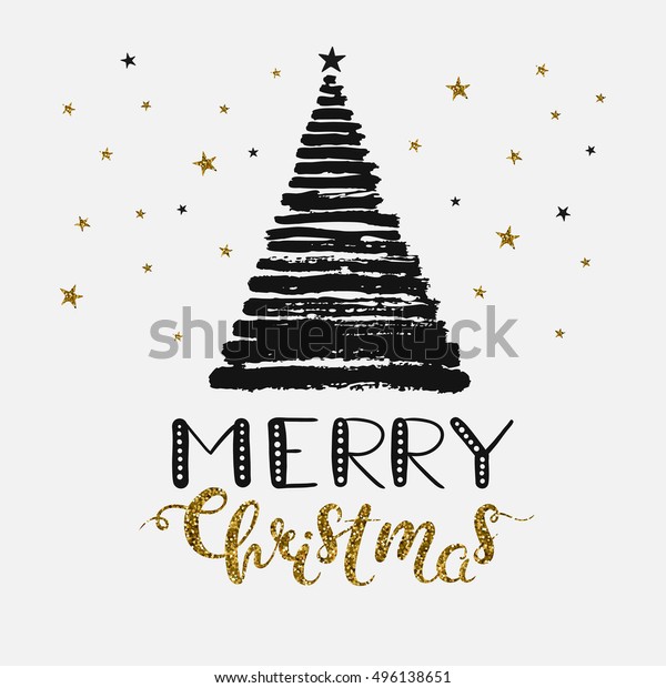 メリークリスマスポスターのコンセプト インキ筆の筆跡と装飾的な金色の文字で作られたグランジクリスマスツリーとベクターグリーティングカード のベクター画像素材 ロイヤリティフリー