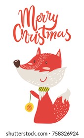 Merry Christmas poster congratulation from fox playing yo-yo. Vector illustration with smiling animal with colorful toy isolated on white background