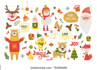 Merry Christmas poster with congratulations, animals in warm winter sweaters and Santa Clause isolated vector illustrations on white background.