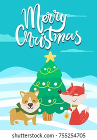 Merry Christmas poster congratulations fox playing yo-yo and dog in green scarf near decorated xmas tree outdoors. Vector smiling animals greeting card