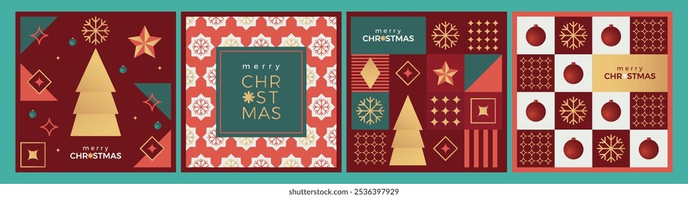 Cartaz de Natal alegre, Conjunto de capa de Natal, Cartão de Natal, Modelo de banner, Natal, Kartu Natal, Design bonito moderno com padrão de estilo geométrico em vermelho, rosa, ouro, cor verde