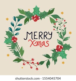 merry christmas poster with crown leafs decorative vector illustration design