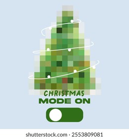 Merry Christmas poster. Cute green flat vector pixel Christmas tree with balls and garland. Pixel art Christmas card. Christmas Mode ON text. Vector illustration for video game asset, motion graphic