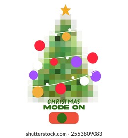 Merry Christmas poster. Cute green flat vector pixel Christmas tree with balls and garland. Pixel art Christmas card. Christmas Mode ON text. Vector illustration for video game asset, motion graphic