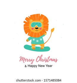 Merry Christmas poster. Cute Hand Drawn nordic Lion with Snowboard and glasses. King animal in scandinavian style doing sport. Print illustration in vector