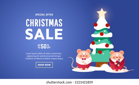 Merry Christmas poster with cute rats with gifts and pine tree on a blue background. Can be used poster, card, mobile app, banner template.