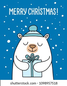 Merry Christmas poster with cute teddy and big gift. Cartoon vector flat Xmas illustration