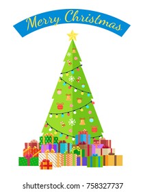 Merry Christmas poster with decorated tree by garlands, bells and bows on ribbons, golden star on top, packed presents in gift boxes vector illustration