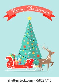 Merry Christmas poster with decorated tree by garlands, bells and bows on ribbons, sleigh full of presents and reindeer animal vector illustration