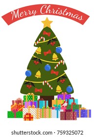 Merry Christmas poster with decorated tree by garlands, bells and bows on ribbons, golden star on top, packed presents in gift boxes vector illustration