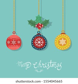 merry christmas poster with decorative balls hanging vector illustration design