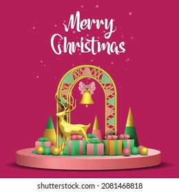 merry Christmas poster design 3d platform with Christmas elements. vector illustration