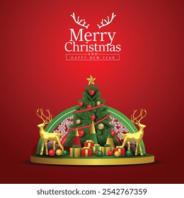 merry Christmas poster design 3d platform with Christmas elements. abstract vector illustration