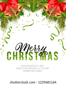 Merry Christmas poster design. Christmas bells with bows, fir tree branch, streamer and confetti. Template can be used for banners, flyers, greeting cards