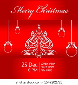 The Merry Christmas poster design card wallpaper with pines logo on red background
