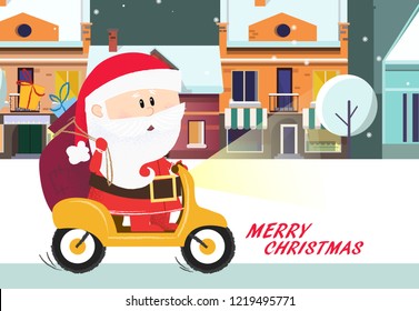 Merry Christmas poster design. Cartoon Santa Claus riding motorbike and delivering presents. Illustration can be used for banners, greetings, invitation cards