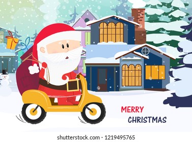 Merry Christmas poster design. Cute Santa Claus delivering gifts by yellow motorbike. Illustration can be used for banners, greetings, invitation cards