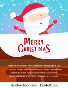 Merry Christmas poster design. Cute Santa Claus having fun on snow covered roof on blue background. Illustration can be used for banners, flyers, postcards