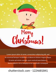 Merry Christmas poster design. Cute elf holding gift on snow covered balcony. Illustration can be used for banners, flyers, postcards