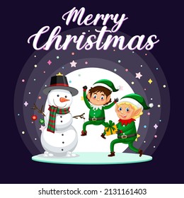 Merry Christmas poster design with cute elves and snowman illustration