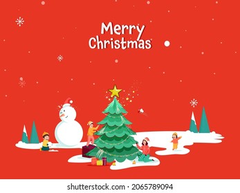Merry Christmas Poster Design With Decorative Xmas Tree, Cheerful Kids, Cartoon Snowman And Snowfall On Red Background.