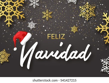 Merry Christmas poster design. Feliz navidad spanish language. Retro gold typography and ornament decoration illustration. Xmas holiday flyer or poster design template