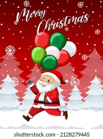 Merry Christmas poster design with Santa Claus holding balloons illustration