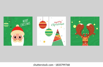 Merry Christmas Poster Design Set with Cute Santa Face, Xmas Tree, Cartoon Reindeer Winking and Hanging Baubles Decorated Background.