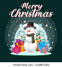 Merry Christmas poster design with Snowman and gifts illustration