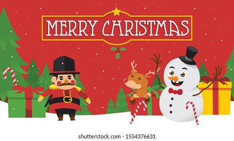 Merry Christmas poster design in widescreen ratio featuring red nosed deer, nutcracker and snowman