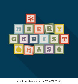 Merry Christmas poster design with wooden blocks. Vector illustration