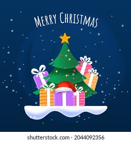 Merry Christmas Poster Design With Xmas Tree, Colorful Gift Boxes And Santa Cap On Blue Snow Falling Background.