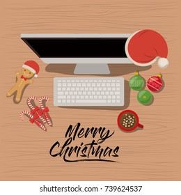 merry christmas poster with desktop computer scene in top view with christmas decoration and candies and cookies and chocolate cup vector illustration
