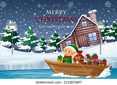 Merry Christmas poster with elf delivering gifts by rowboat illustration