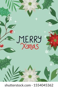 merry christmas poster with frame of flowers and leafs vector illustration design