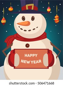 Merry christmas poster, Funny snowman, Happy new year poster banner, Vector Illustration