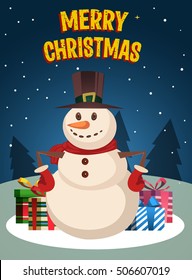Merry christmas poster, Funny snowman, Happy new year poster banner, Vector Illustration